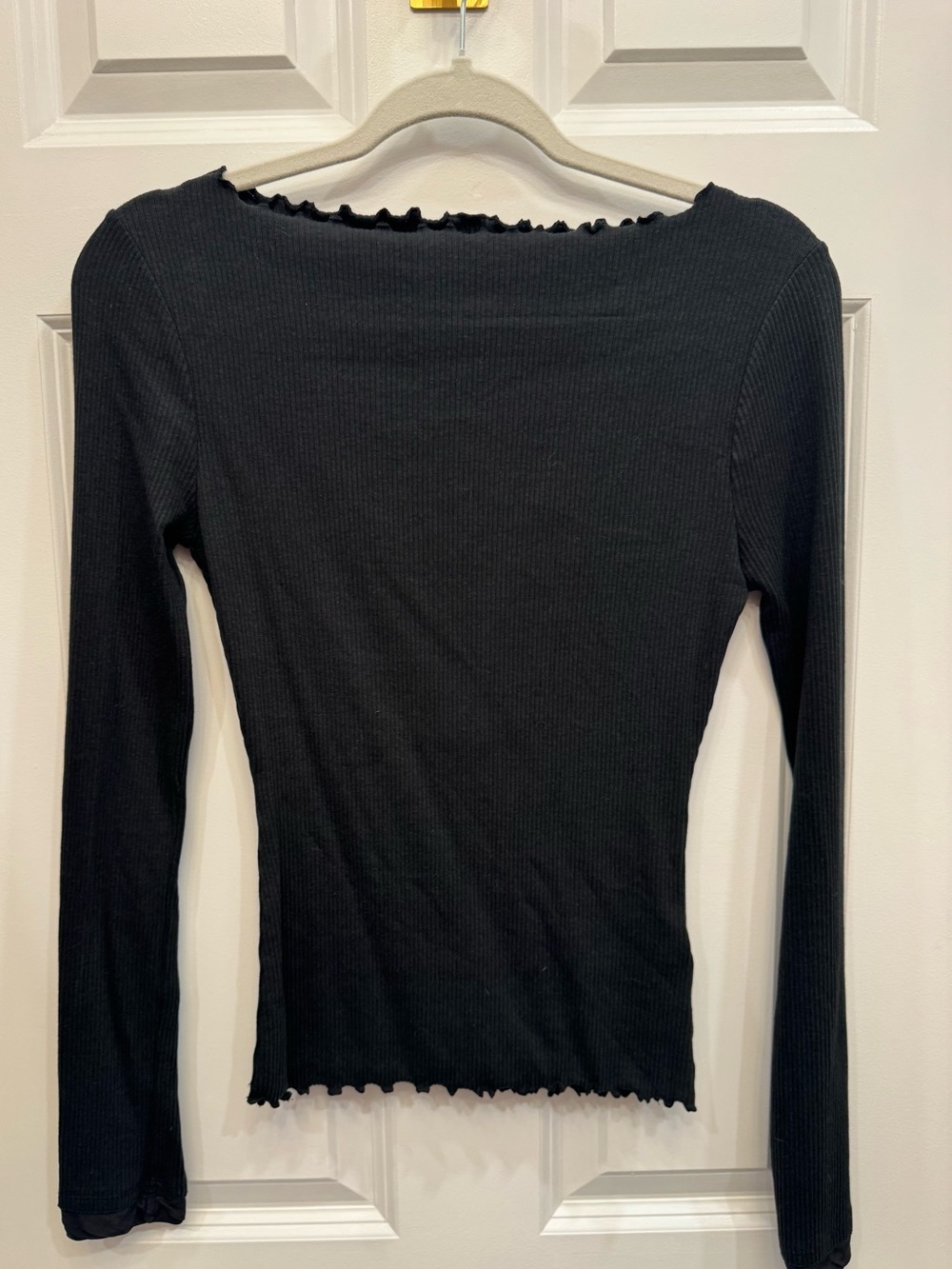 J. Crew Black Ribbed Long-Sleeve Top with Lettuce Hem